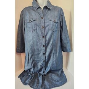 Chicos Denim Shirt Dress Women's Button Front 3/4 Sleeve Pockets Blue SZ 0.5